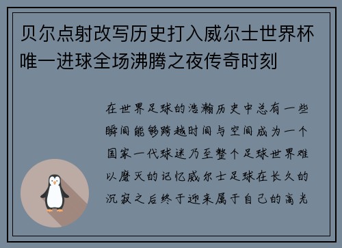 贝尔点射改写历史打入威尔士世界杯唯一进球全场沸腾之夜传奇时刻