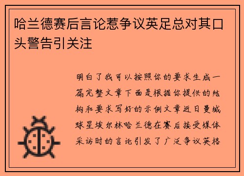 哈兰德赛后言论惹争议英足总对其口头警告引关注