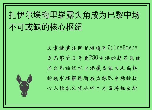 扎伊尔埃梅里崭露头角成为巴黎中场不可或缺的核心枢纽